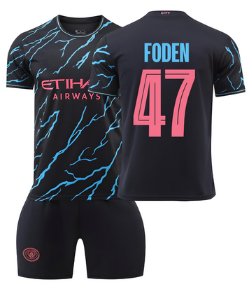 Форма футбольная детская Foden (Фоден) 47 Manchester City (Манчестер Сити), сезон 24/25, 20 размер, рост 115-120 см, черно-голубой с розовым MCB-FD-28 фото