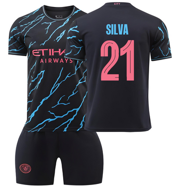 Форма футбольная детская Silva (Сильва) 21 Manchester City (Манчестер Сити), сезон 24/25, 20 размер, рост 115-120 см, черно-голубой с розовым MCB-SV-26 фото