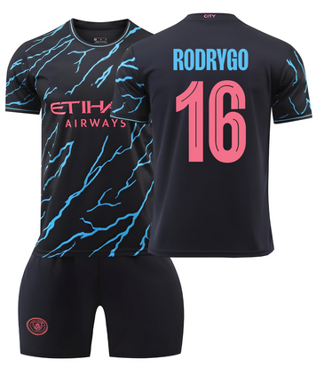 Форма футбольная детская Rodrygo (Родриго) 16 Manchester City (Манчестер Сити), сезон 24/25, 20 размер, рост 115-120 см, черно-голубой с розовым MCB-RR-24 фото
