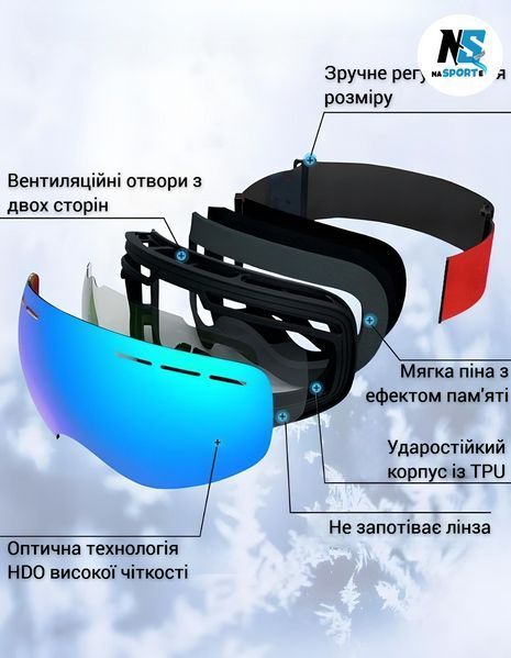 Горнолыжная маска без рамки с двумя слоями линз AntiFog в комплекте кейс, зеркальная черная HX01 GO-BL-HX01 фото