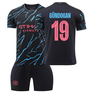 Форма футбольная детская G&uuml;ndogan (Гюндоган) 19 Manchester City (Манчестер Сити), сезон 24/25, 20 размер, рост 115-120 см, черно-голубой с розовым MCB-GD-24 фото